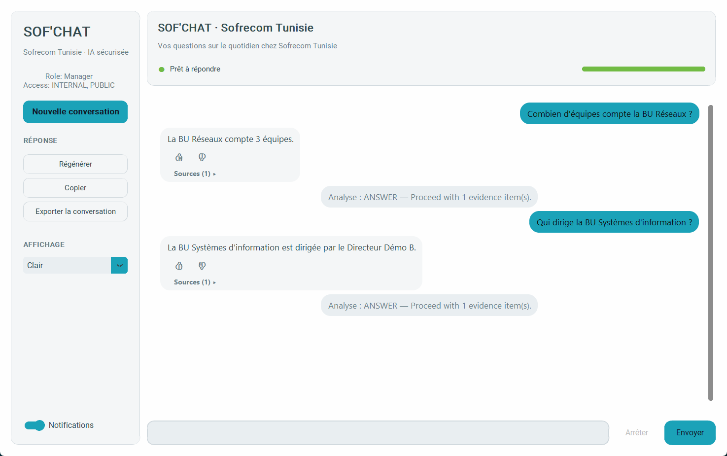 The app answering organisation questions about teams and managers, computed from a fictional demo directory.